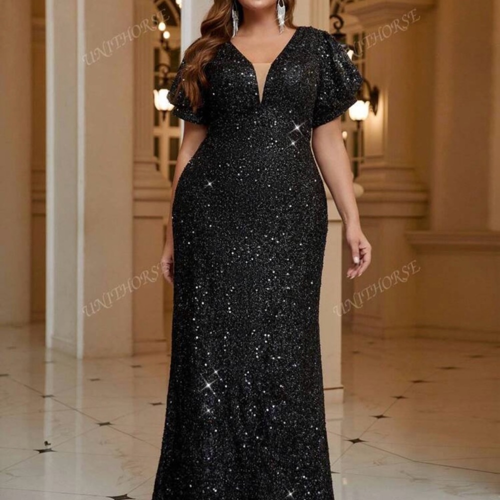 SHEIN Black Sequin Maxi Gown with Puff Sleeves